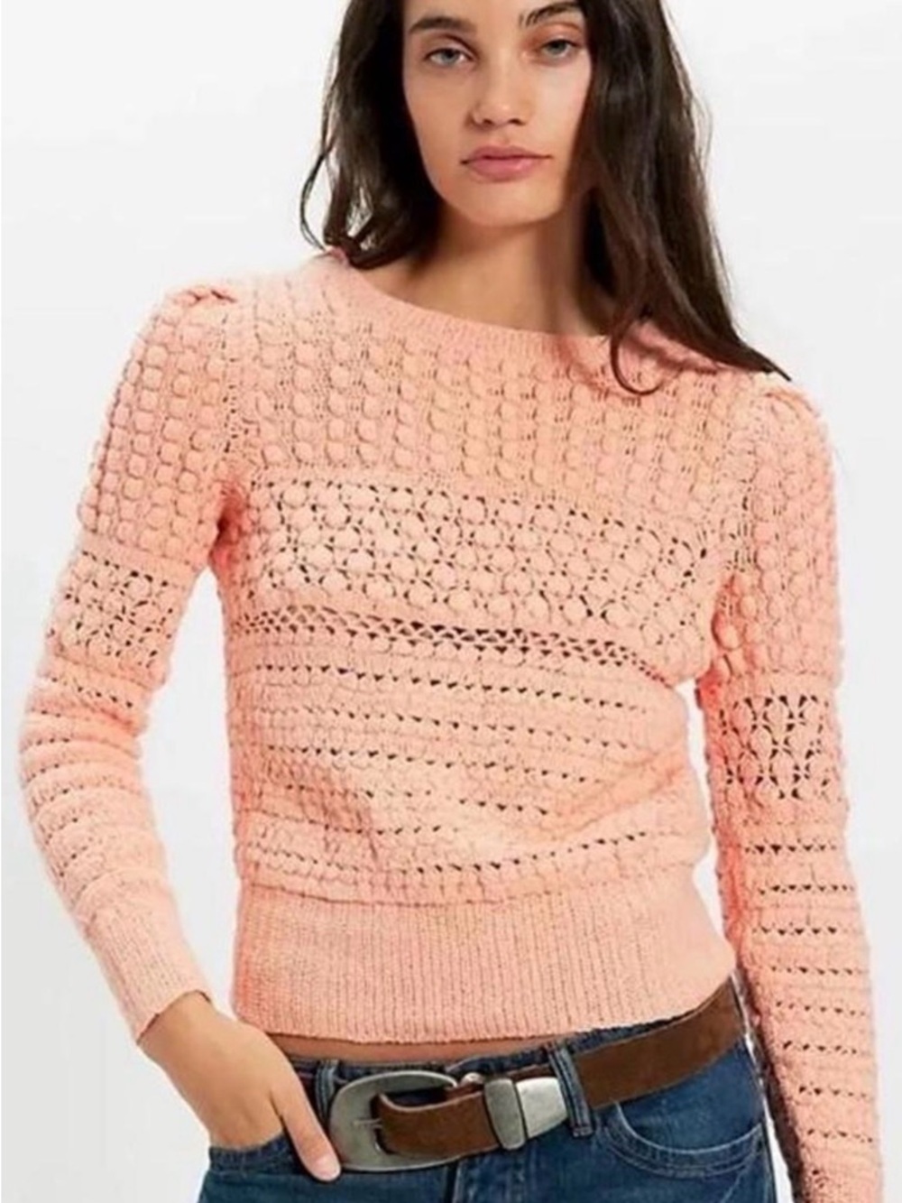 NWT Free People Penny Crochet Pullover Sweater Paradise Peach Pink Size Large